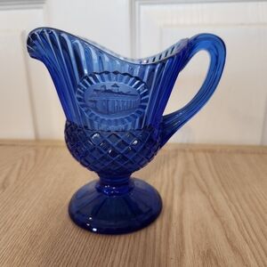 Vintage Blue Fostoria Glass Washington's Mt. Vernon Stemmed Creamer Pitcher Avon